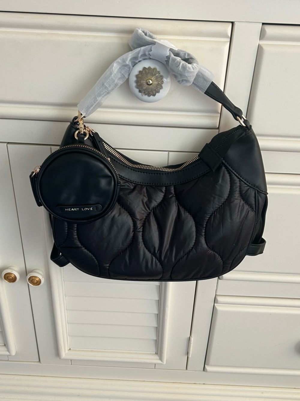 NWT Heartlove Quilted Half Moon Shoulder & Crossbody Bag Black with Pouch